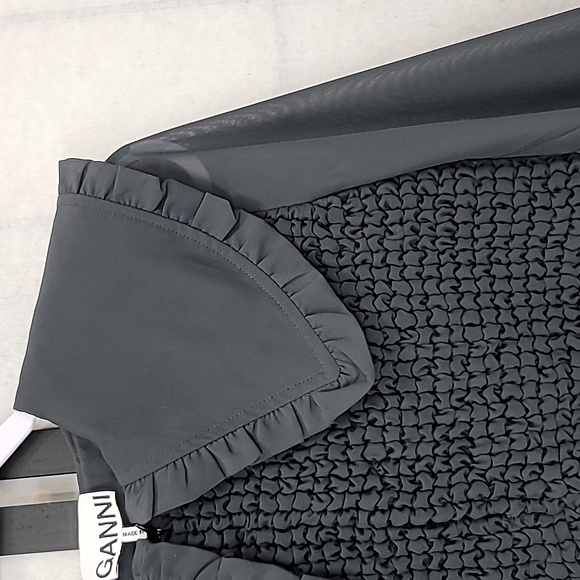 GANNI Ruffled-Collar Smocked Chiffon Dress Size 32 Or Size 0 - Picture 9 of 16